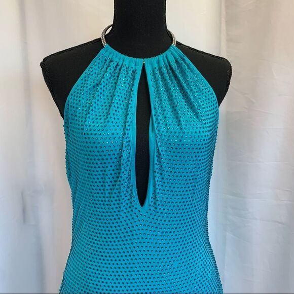 Bebe blue turquoise crystal rhinestone halter deep v neck dress Sz M - Picture 5 of 15